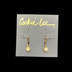 Cookie Lee Earrings Lever Back Circular Clear Crystal Dangling Charm Gold‎ Tone